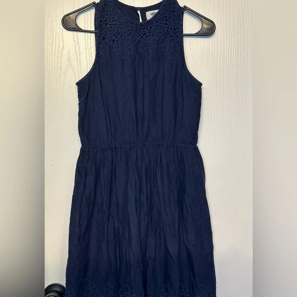 Old Navy navy blue sleeveless lined dress‎ crochet lace trim girls XXL 16